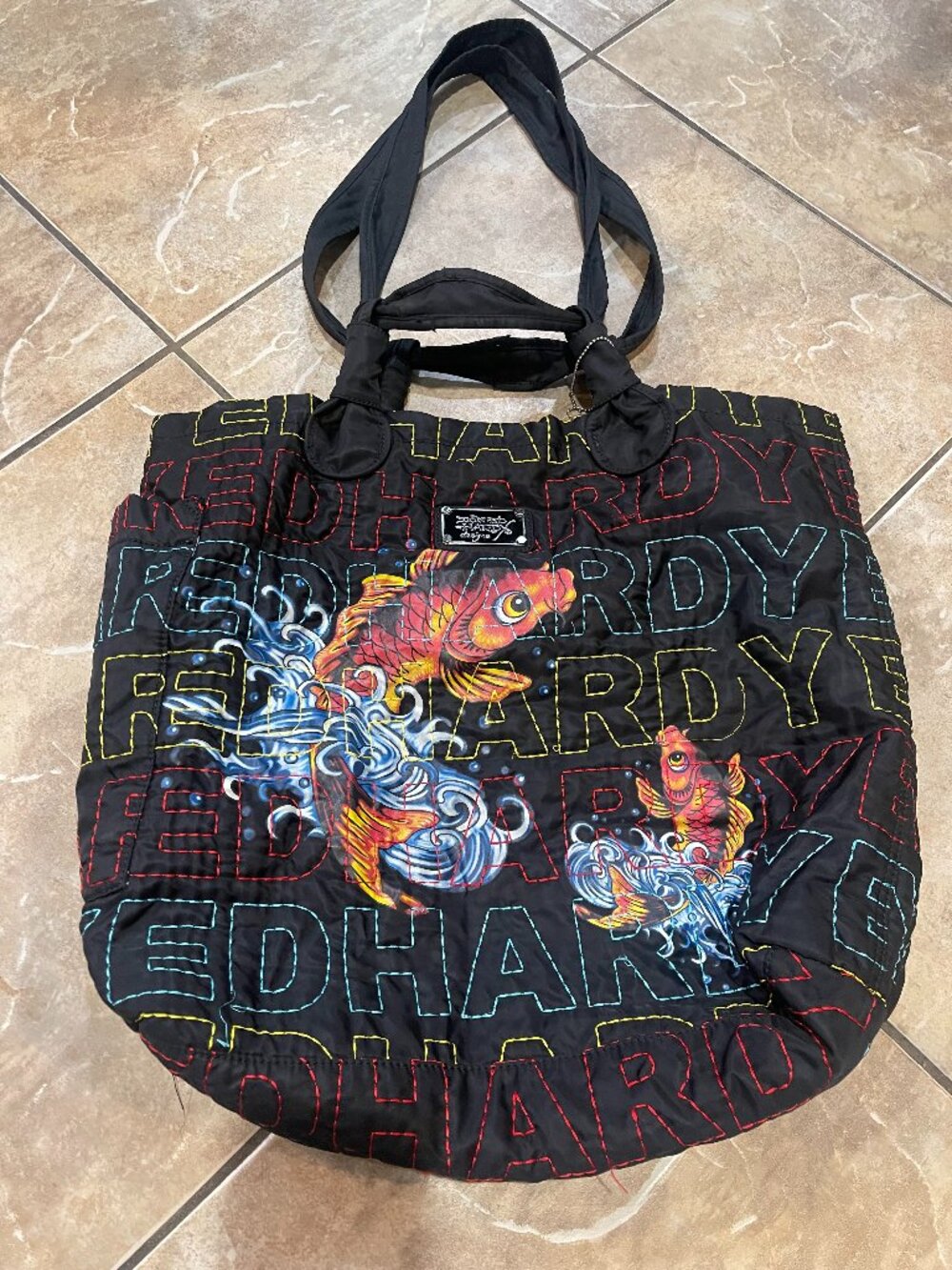 Vintage Y2K Ed Hardy Koi Fish Black Quilted Large Tote